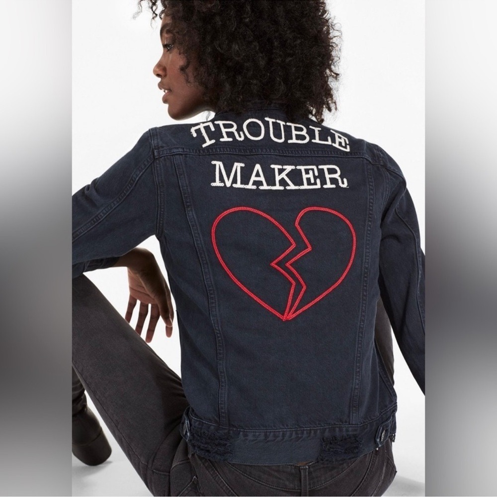 Lucky Brand Trouble Maker Embroidered Black Denim Trucker Jacket Womens Small